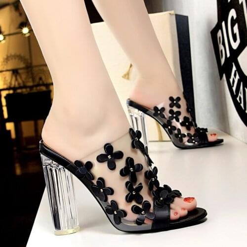 Big Size Escarpins Femme Floral Design Crystal Transparent Sandals Clear Shoes Block Heels for Ladies