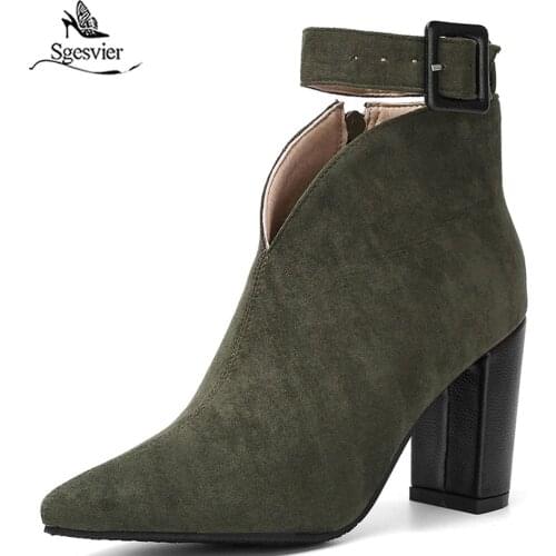 Sgesvier Flock Buckle Zipper Type-V Autumn Winter Women Ankle Boots Fashion Pointed Toe Thick High Heel Women Shoes Size 43 G684