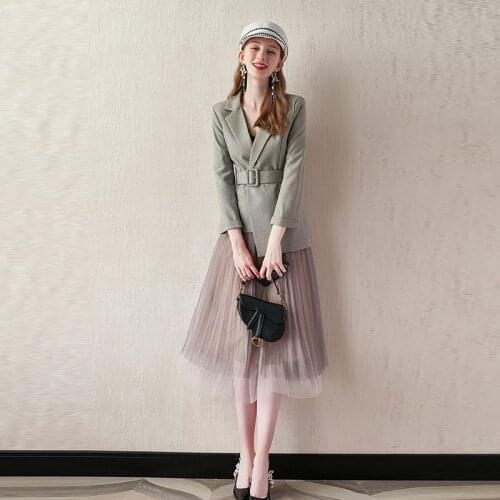 Womens suits solid color irregular suits with temperament pleated mesh skirts two-piece womens elegant suit autumn new style