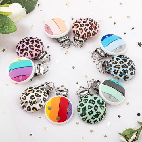 10PCPacifier Chain Clip BPA-Free Round Rainbow Leopard Silicone Clip Baby Bead Dummy Nipple Clip Baby Pacifier Chain Accessories