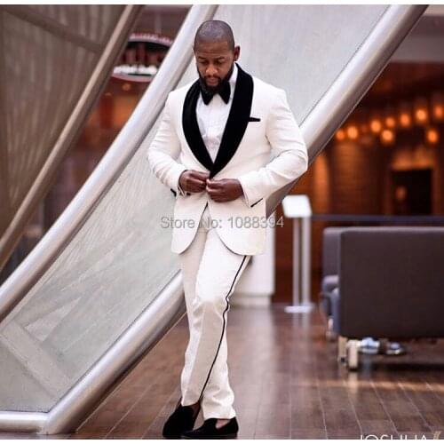 2019 Latest Coat Pant Designs White Prom Men Suit Slim Fit Velvet Lapel Wedding Tuxedo Custom Suits Groom Blazers Masuclino