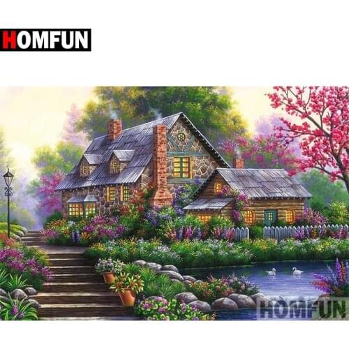 HOMFUN Diamond Painting Cross Stitch Pattern 5D Diamond Embroidery "Mountain tree house" Home Decor DIY diamond Art A30206
