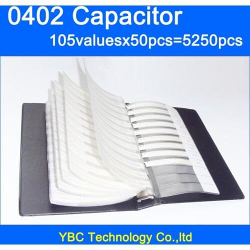 Free Shipping 0402 SMD Capacitor Sample Book 105valuesX50pcs=5250pcs 0.1PF~10UF Capacitor Assortment Kit Pack