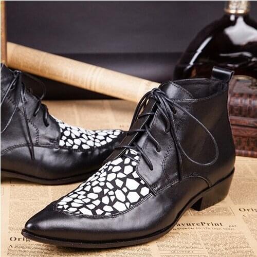 Christia Bella Personalized Male Plus Size Genuine Leather Boots White Block Printing Mens Party Boots Man Lace Up Short Boots