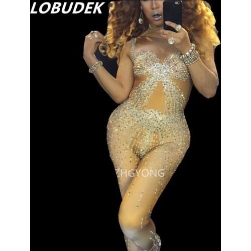 Colorful Rhinestones Stretch Jumpsuit Crystals Sexy Skinny Bodysuit Female DJ DS Performance Costumes Party Celebration Clothing