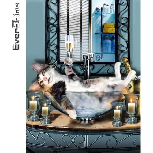 Evershine Diamond Painting Cat Animal Full Square Round Diamond Embroidery Bathroom Cross Stitch Mosaic Kit Handmade Hobby