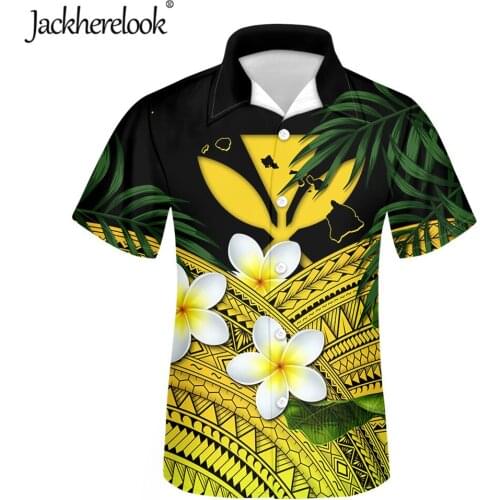 Jackherelook Plus Size Casual Men Hawaiian Shirts Kanaka Maoli Hibiscus Plumria Print Short Sleeve Cuban Guayabera Beach Shirt