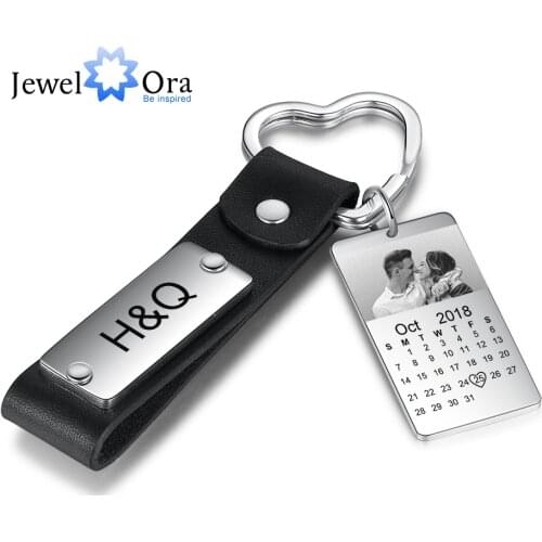 JewelOra Personalized Photo Calendar Keychains for Men Custom Stainless Steel Engrave Date Keyring Gift for Boyfriend/ Father