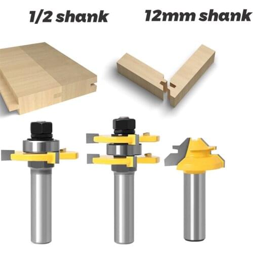 JFBL Hot 3 Pc 12mm 1/2 Shank Tongue & Groove Joint Assembly Router Bit 1Pc 45 Degree Lock Miter Route Set Stock Wood Cutting