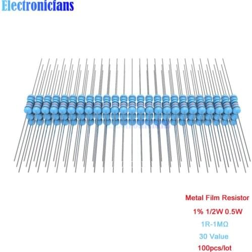 100pcs/lot Metal Film Resistor 1% 1/2W 0.5W 1R 4.7R 10R 100R 220R 1K 2.2K 4.7K 10K 22K 47K 100K 470K 1MΩ Ohm Resistance 1R-1MΩ