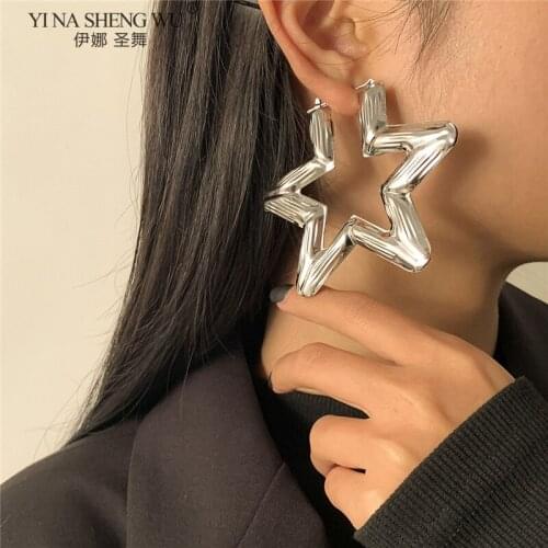 Hip Hop Punk Fashion Shiny Big Pentagonal Star Earrings For Women Korea Large Exaggerated Statement Dangle Earrings Accessories