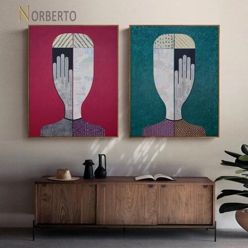 Modern Style Canvas Painting Poster Abstract Art Pictures Head and Hand In Green Red Background Home Rooms Gallery Wall Decorati