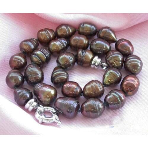 New Arriver Real Pearl Jewellery,AAA 17inches 11-14mm Coffee Rice Freshwater Cultured Pearls Necklace,Free Shipping