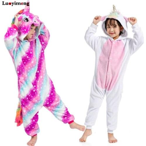 Children Kids Stitch Star Unicorn Pajamas Winter Pyjamas Flannel Hooded Pijama Sets Animal Sleepwear For Girls Boys Sleepwear