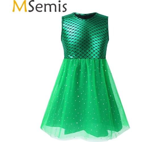 Girls Mermaids Tutu Dress Sleeveless Fish Scales Printed Tank Top Glittery Mesh Tutu Dress for Halloween Birthday Theme Party