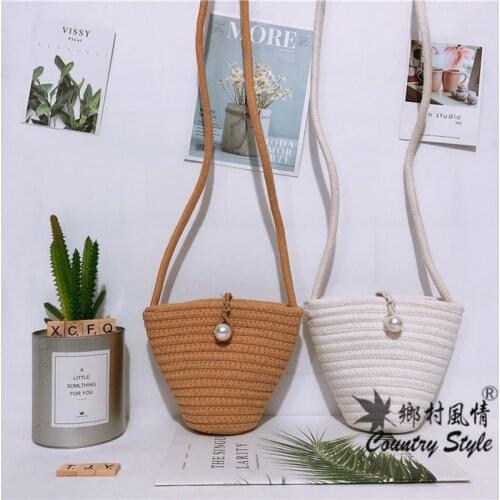 Braid Faux Pearl/Bow Straw Beach Handbag Ladies Girls Sweet Crossbody Shoulder Bag Travel Messenger Bags