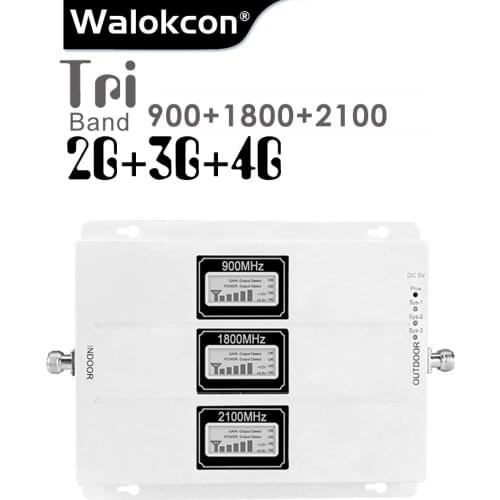 Walokcon 2g 3g 4g GSM Signal Repeater 900 1800 2100 GSM WCDMA UMTS LTE Cellular Booster 900/1800/2100mhz Tri Band Amplifier B3