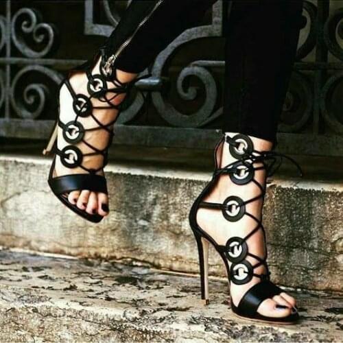 Sexy Cross Straps Metal Circle Sandals Crisscross Bandage Lace Up Stiletto Sandals Open Toe Cut Out Circle Ornament Shoes Mujer