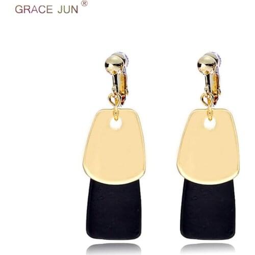 GRACE JUN Vintage Gold Black Color Geometric Clip on Earrings and Pierced Earrings Popular Party Student Earrings New Arrival