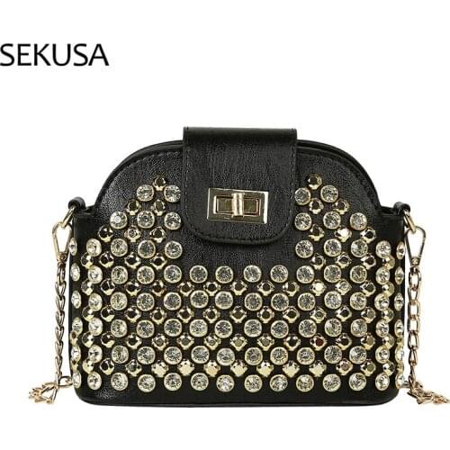 Rhinestones Women Evening Bags Bucket New Design Ladies 2021 PU Fashion Female Handbags Chain Shoulder Clutch