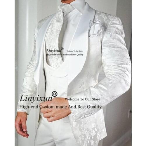 White Floral Wedding Tuxedo for Groom 3 Pieces Slim Fit Men Suits with Satin Shawl Lapel Custom Male Fashion Costume Jacket Vest