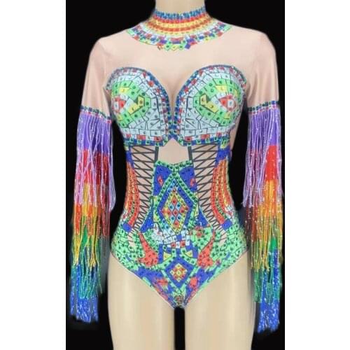Colorful Rhinestones Fringes Leotard Costume Womens Birthday Prom Celebrate Outfit Bar Evening Women Dancer Bodysuit DWY2930