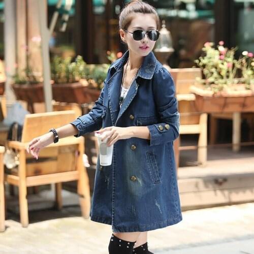 Plus Size Autumn Full Sleeve Womens Windbreaker Casaco Feminino Denim Trench Coat Female Double Breasted Fashion Costumes Blue