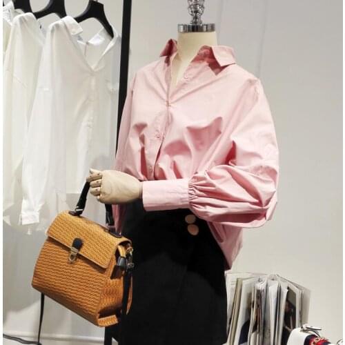 Womens spring autumn butterfly sleeve pink cotton shirt female casual loose basic OL Shirt plus size chic Blouse TB500