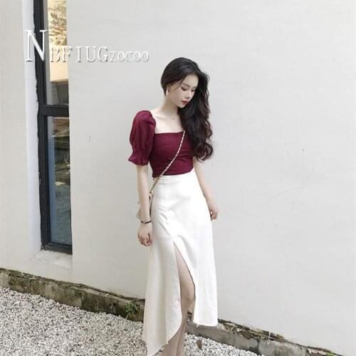 2020 French Palace Style Women Sets Square Collar Blouse And Slit Design Skirt Female Sets