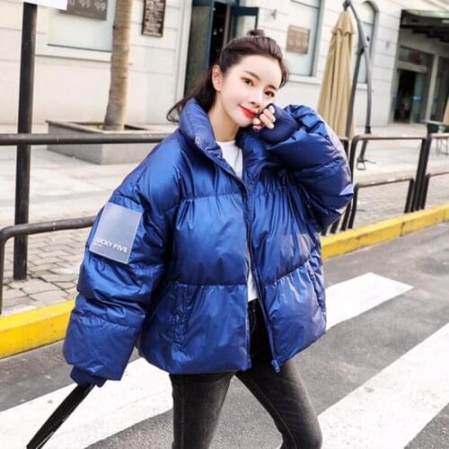 2019 Winter Glossy Down Parka womens jackets large sizes Winter Warm Blue Thick Parka Loose Coat Winter Women Jacket Outerwear