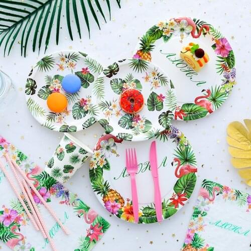 Aloha Summer Tropical Party Paper Plate Tableware Green Gold Artificia Palm Leaves Hawaiian Party Supplies Birthday Decorations