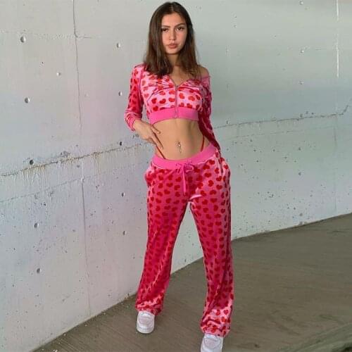E-girl Velvet Sweatshirts Hoodies Top Cute Heart Print Zip Up Long Sleeve Cropped Coat Pants Outfits Matching Set