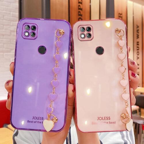 Wrist Chain Love Heart Phone Case For Xiaomi Redmi 9C NFC Luxury Camera Protective Cover For Redmi9C Redmi 9C Case Purple