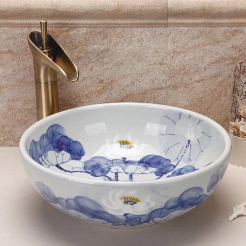 Jingdezhen hand paint porcelain blue and white ceramic bathroom wash basin sinks
