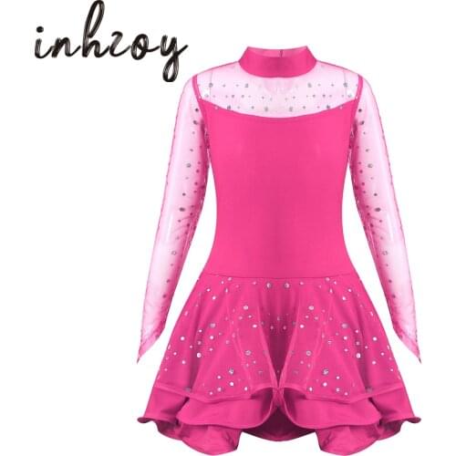 Kids Girls Latin Dance Dress See-through Mesh Long Sleeve Sequins Ballet Dress With Shorts Set Gymnastics Performance Dancewear