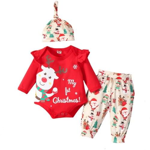 Baby Girl Romper Tops, Jogger Pants Suit, Long Sleeve Round Neck Ruffle Christmas Pullover+Trousers+Hat