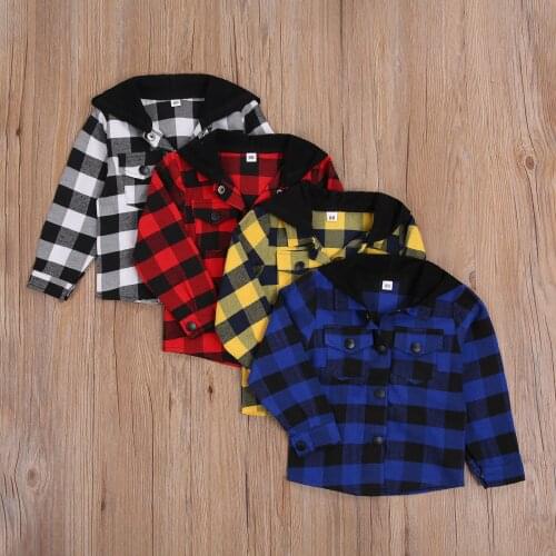 Infant Plaid Hooded Coat Baby Long Sleeve Single-breasted Hoodie with Flap Pockets Patchwork Plaid Sweatshirt for 6M-4Y Toddlers