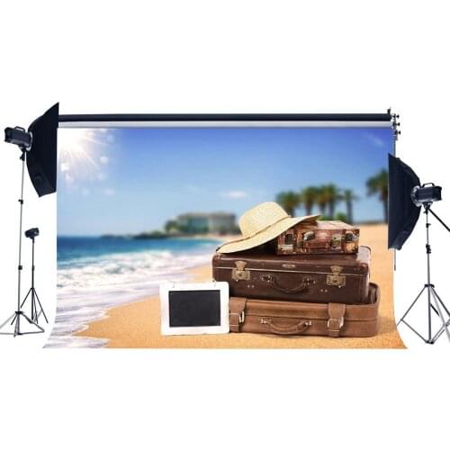 Seaside Sand Beach Backdrop Coconut Palm Vintage Suitcase Straw Hat Blue Sky White Cloud Background Lover