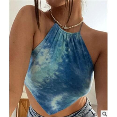 HIRIGIN Tie Dyeing Print Off Shoulder Hlater Tank Vest Crop Tops 2021 Sexy Women Sleeveless Backless Lace-up Club Streetwear