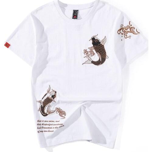 Brand 2021 Summer Embroidered Short-sleeved T-shirt Male Brocade Carp Ethnic Style Loose Large Size Cotton Shirt Big M-4XL