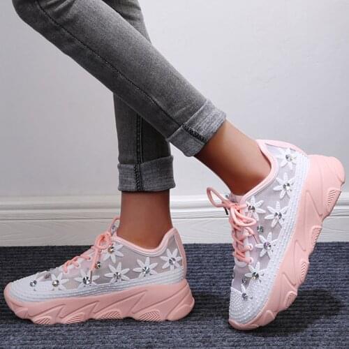Casual Vulcanized Shoes New Breathable Sports Shoes Women Mesh Rhinestone Platform Platform Wedge-heel Hollow Lace-up Sneakers