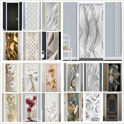 PVC Door Sticker Modern 3D Abstract Fashion Line Silver Pearl Wallpaper Living Room Art Door Poster Self-Adhesive Mural Stickers