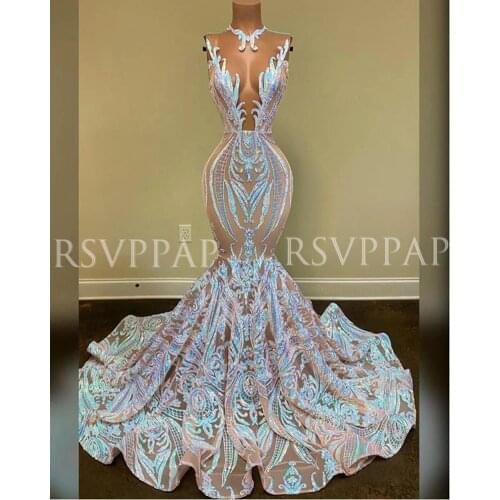 New Arrival Long Prom Dress 2021 Sparkly Glitter Sequin Sexy See Through Top African Girl Mermaid Prom Dresses