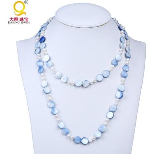 New fashion summer style 13mm sky blue shell beads necklace real cultured 6-7mm freshwater pearl necklace jewelry beach jewelry