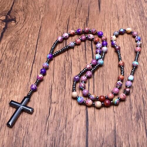 Purple Blue Jaspr with Hematite Cross Pendant Necklace for Women Catholic Christ Rosary Necklaces Female Jewelry Dropshipping