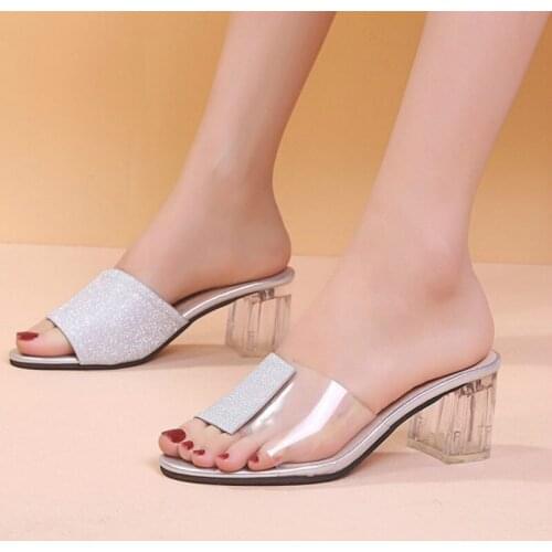 Womens Sandals New Summer Womens Wear Fashion Wild Womens Shoes Crystal Face with Thick Heels Transparent High Heel Women