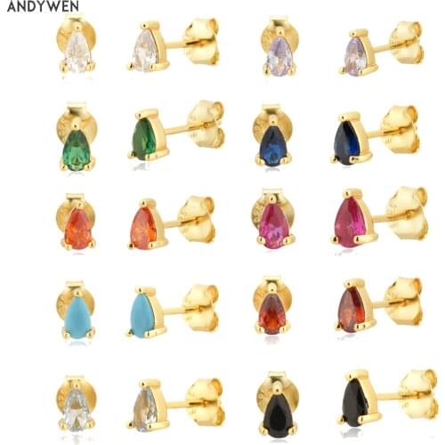 ANDYWEN 925 Sterling Silver Gold Ovals Stud Earring Piercing Women Pendiente Small Ting Colorful Gemstone Jewelry For Gift