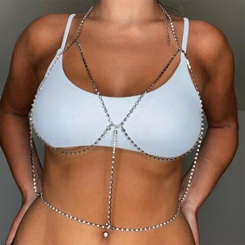 StoneFans Sexy Rhinestone Cross Chest Bra Chain Top for Women Bling Crystal Waist Belly Body Chain Necklace Beach Bikini Jewelry
