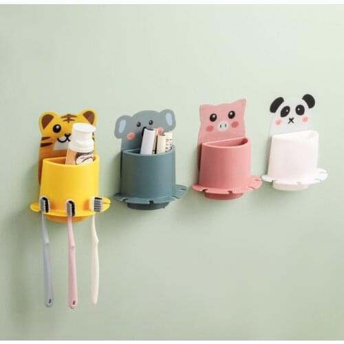 Bathroom Cute Toothbrush Holder Cartoon Multi-function Wall-mounted Storage Rack Cute Fun Multi-function Suit Free Punch Toilet