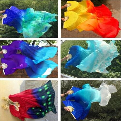 1Pair (1L+1R) Women 100% Real Silk Oriental Dance Fan Veils Colorful Gradient Stage Dance Silk Fans Belly Dance Accessories Fan